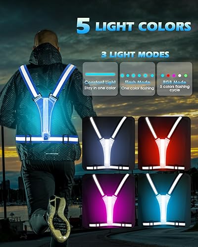Vista 24 de Zacro LED Reflective Vest Running Gear, 5 Lights Colors High Visibility Reflective Running Gear Rechargeable Light Up Running Vest for Walking Verde