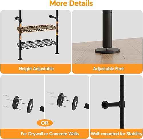 Miniatura 7 de W4 - Perchero industrial de tubería montado en la pared, sistema de armario expandible para colgar ropa, perchero resistente ajustable para