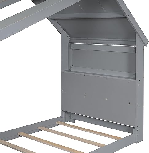 Miniatura 42 de Cama de madera de tamaño individual con cabecero en forma de casa con vallas, altura baja al suelo, para dormitorio de niños y niñas (blanco-01)