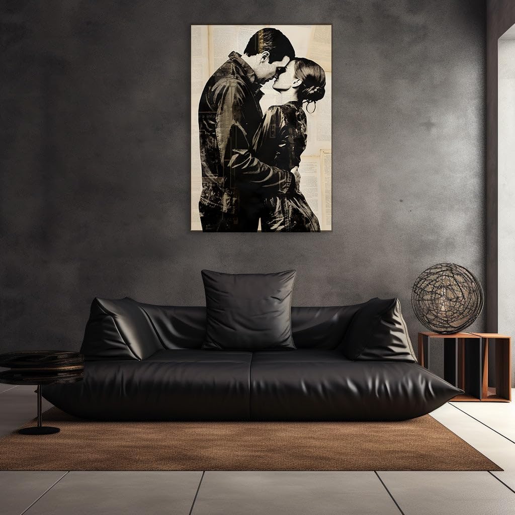 Canvas for Living room. Whispers of Love Captured in Noir: An Intimate Embrace Among Literary Echoes, 27 x 18 inch Canvas Wall Art - Contemporary Masterpieces - Modern Home Decor