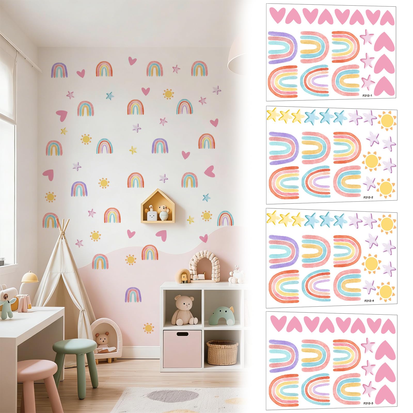 164 PCS Rainbow Wall Decals Colorful Hearts Sun Stars Removable Stickers for Childrens Room Girls Boys Bedroom Nursery Large Wall Art Decor