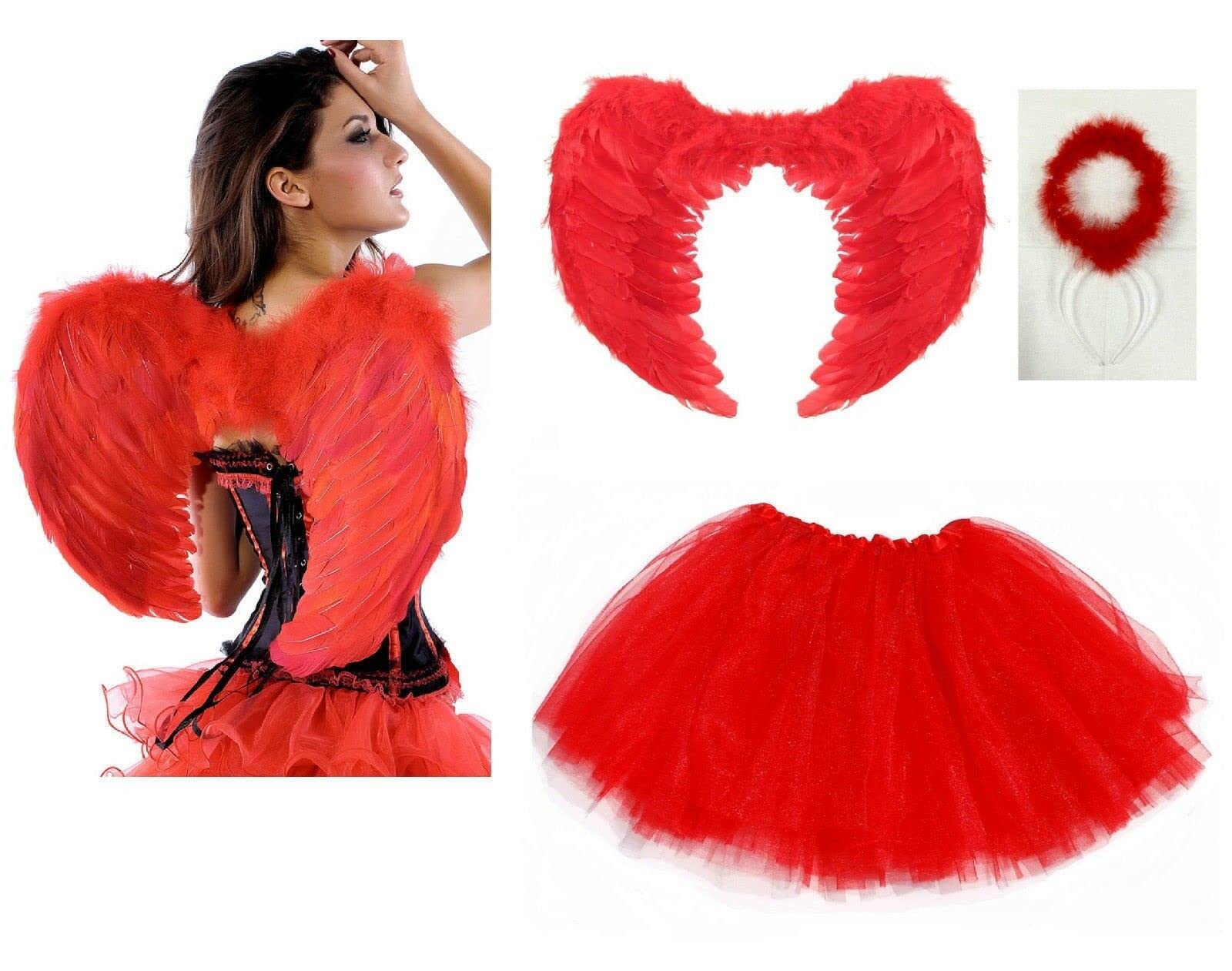 Lizzy Ladies ANIMAL FANCY DRESS TUTU with EARS BOW TAIL SET for Halloween Hen Party Fancy Outfit Tutu Skirt Full Set Plain (Wings + Halo + Tutu) Red