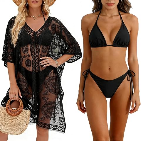 Bikini E Copricostume da Donna Mare, Bikini Donna Mare, Costume Donna Due Pezzi, Bikini Sexy con Lacci E Lungo Copricostume in Pizzo per La Spiaggia