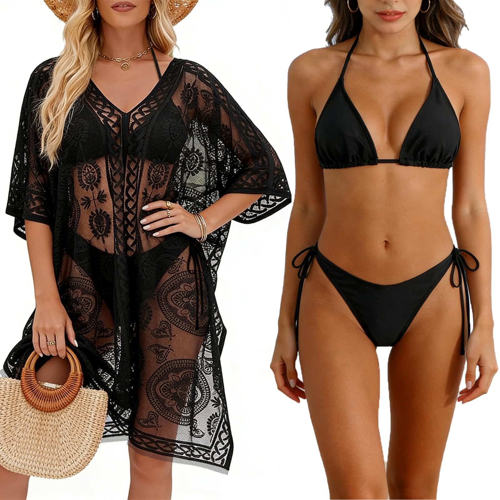 CHMMY Bikini E Copricostume da Donna Mare, Bikini Donna Mare, Costume Donna Due Pezzi, Bikini Sexy con Lacci E Lungo Copricostume in Pizzo per La Spiaggia