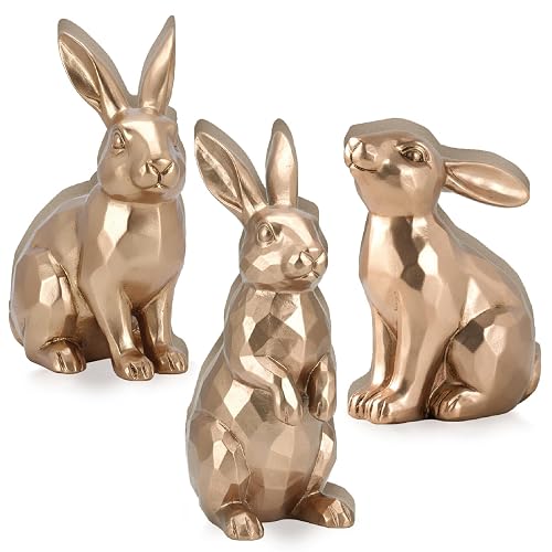 DoubleFill 3 Pcs Gold Wooden Bunny Figurines Vintage Rabbit Statues