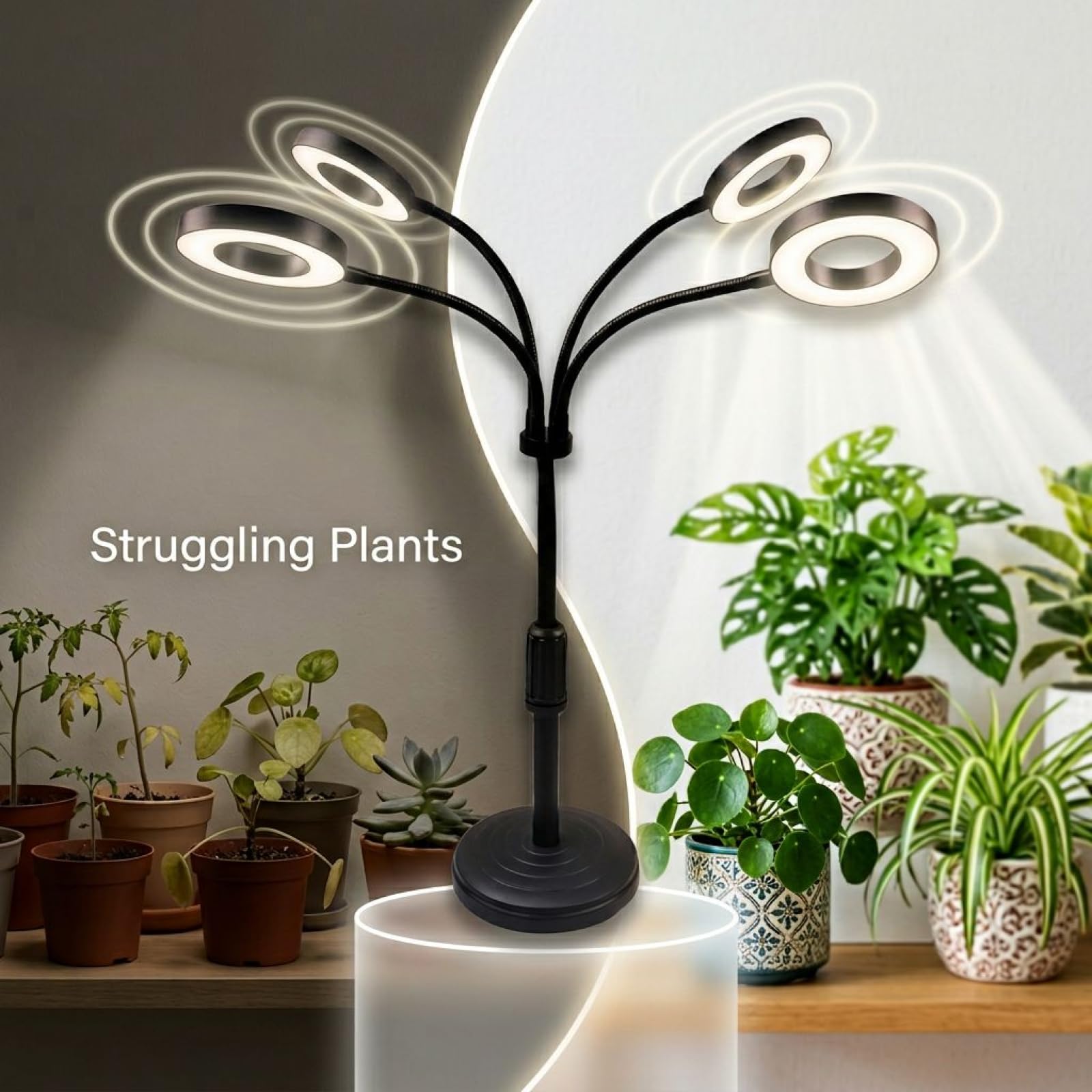 Luz LED de espectro completo para plantas, luz de cultivo de halo de cuatro cabezas con 72 LED, atenuación de 9 niveles, 3 modos, cuerpo de aluminio ajustable en altura, temporizador de 3/9
