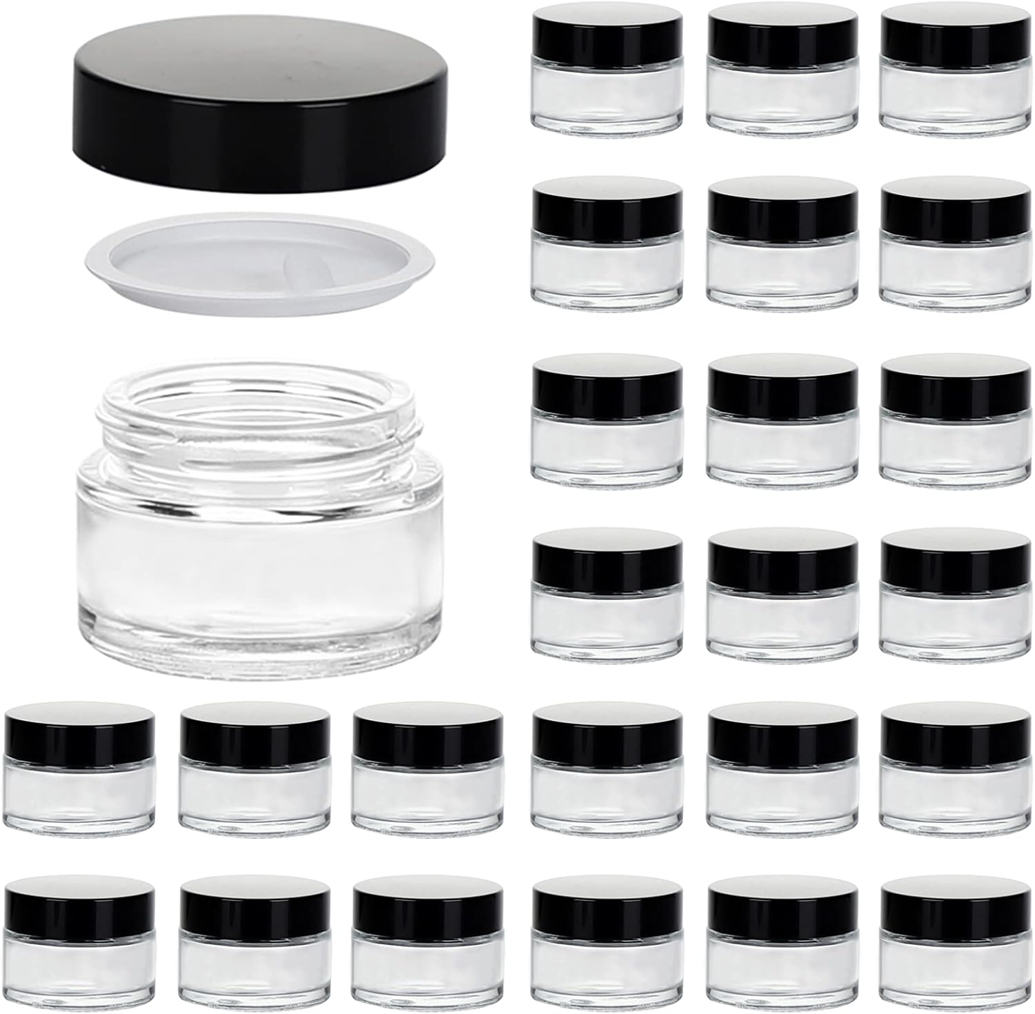 1oz Glass Jar with Lid, Hoa Kinh 25Pack Clear Round Containers Cosmetic with Inner Liners and Woodgrain Lids Travel Jars for Storing Lip and Body Scrub, Lotion, Body Butter, Bath Salts, Liquid