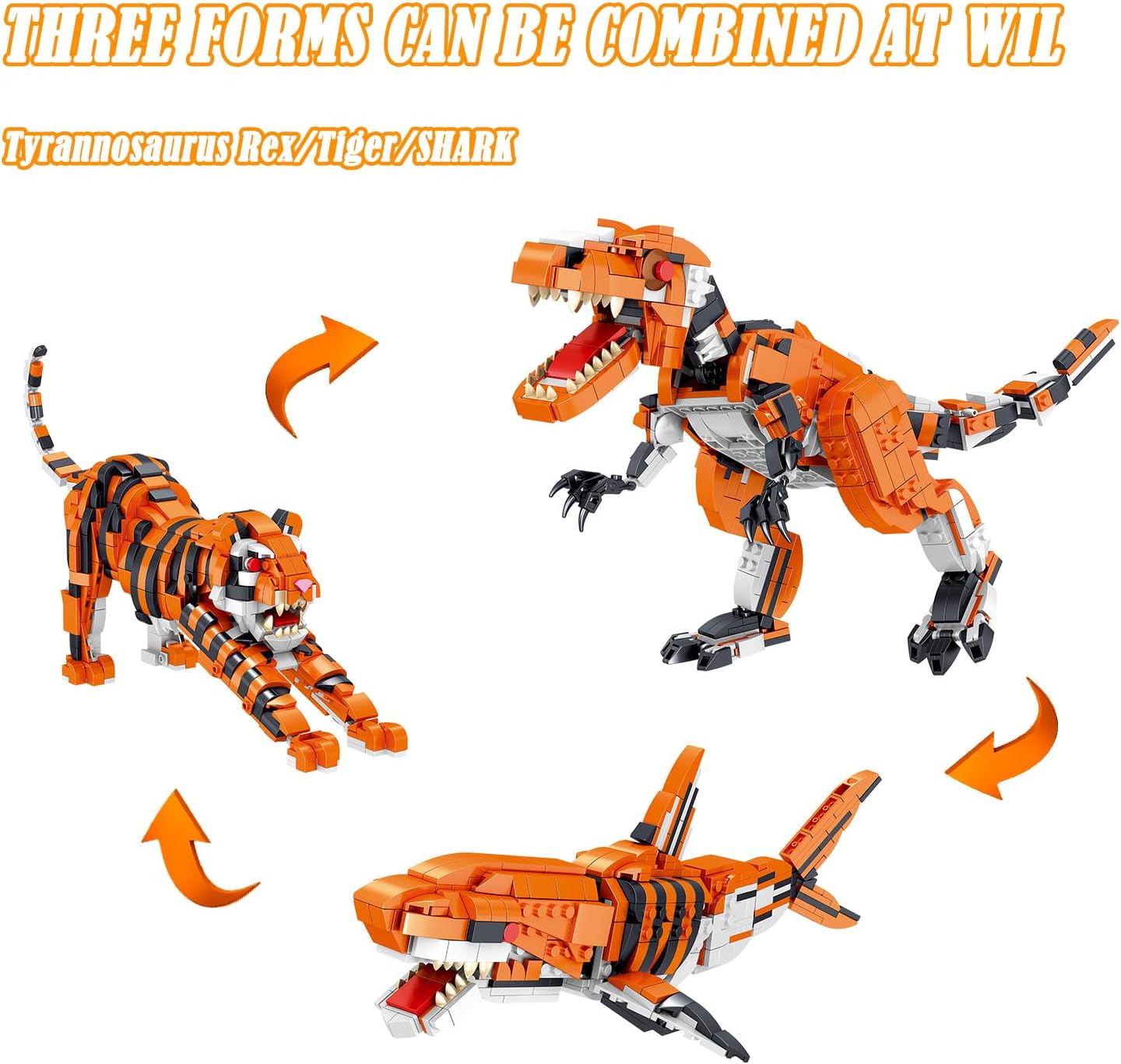 CAXIMSY Creator 3 in 1 Animals Mini Building Block Sets for Kids Dinosaur/Tiger/Shark Transforming Building Kits Toys Gift for Boys 1030 Pieces