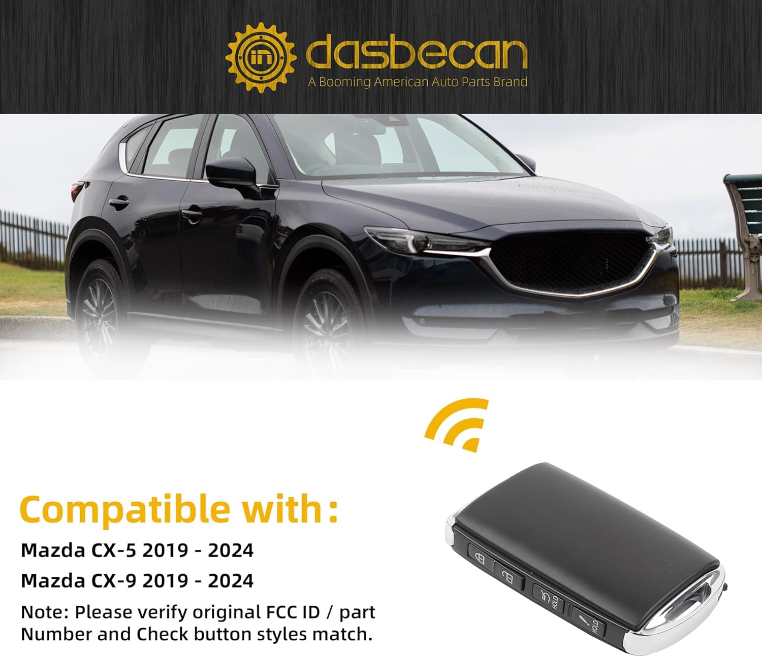 Dasbecan Key Fob Replacement Keyless Entry Remote Control Compatible with Mazda CX-5 CX-9 2019-2024 Replace#TAYB-67-5DY WAZSKE13D03 4 Buttons ID49 Chip