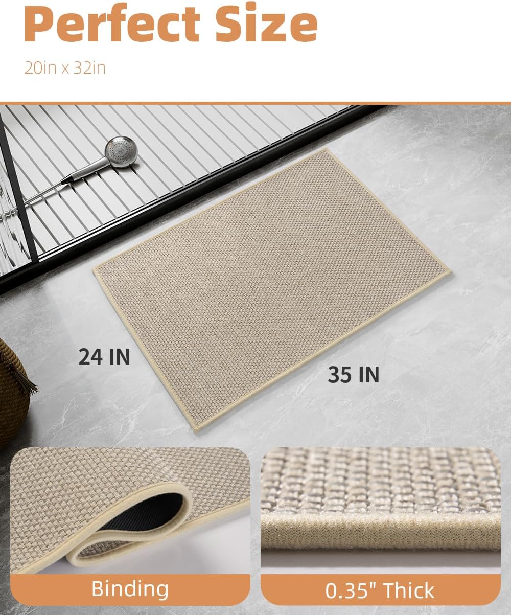 PADOOR Non-Slip Bath-Mats, Rubber-Backing Braided Absorbent Bathroom Mat Machine Washable Thin Bathroom Rugs Fit Under Door Quick Dry Bath Rugs for Floor, 24''x35'' Light Beige
