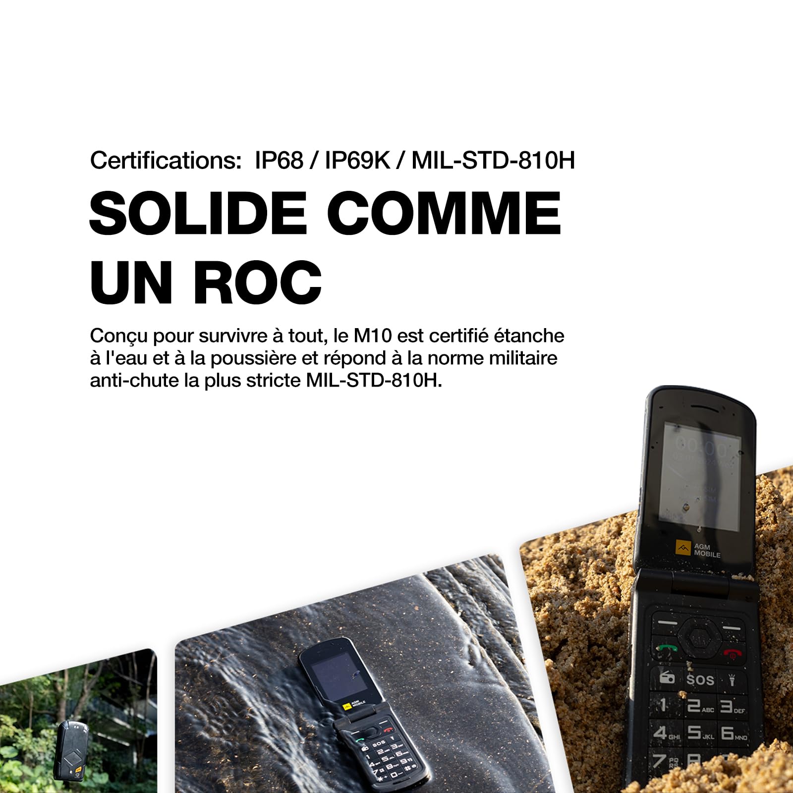 AGM M10 Téléphone clapet Robuste, IP68, Bouton SOS, Noir