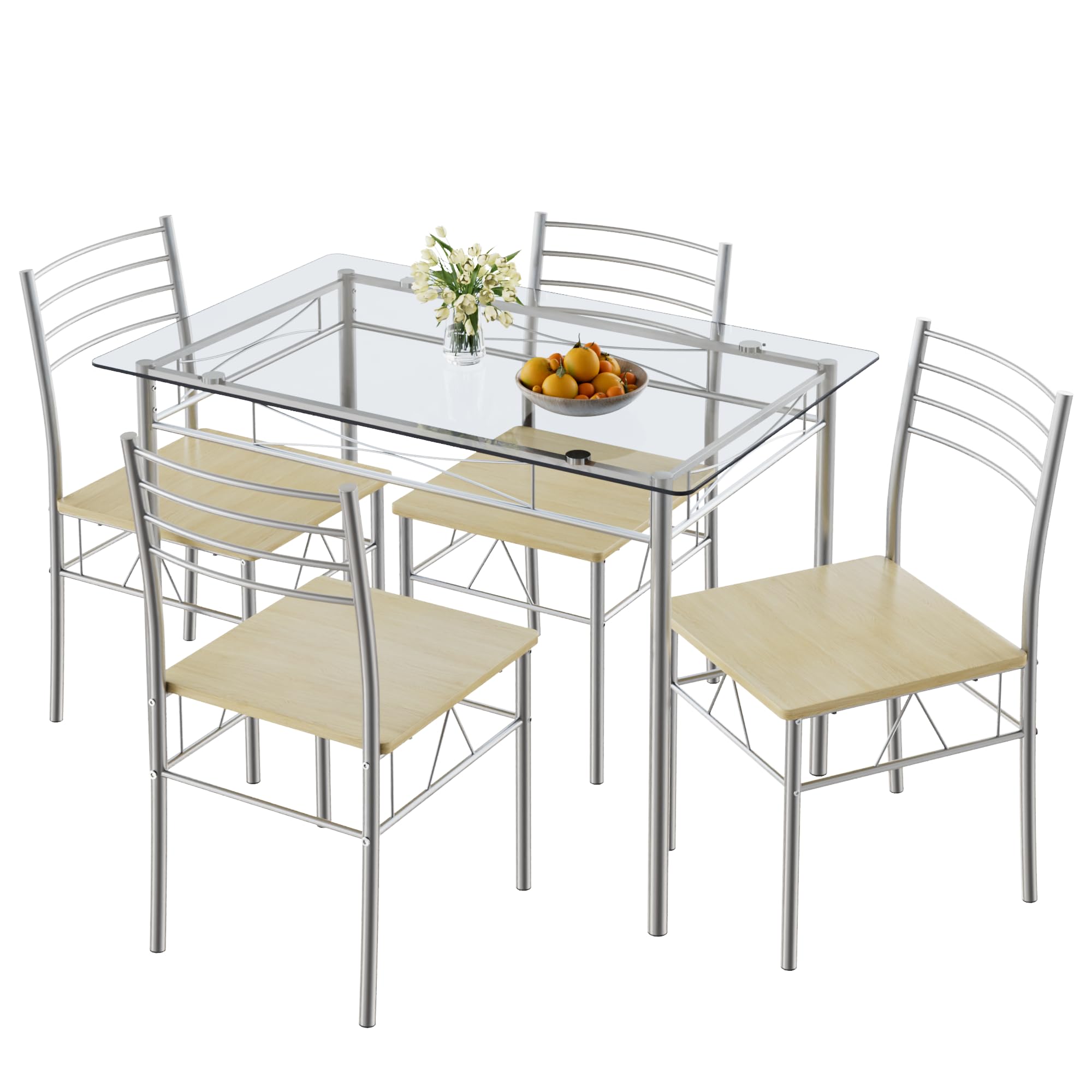 VECELO Dining Table Set for 4, 5-Piece Glass Kitchen Table with Chairs for Small Space, Breakfast Nook, Space-Saving, Silver
