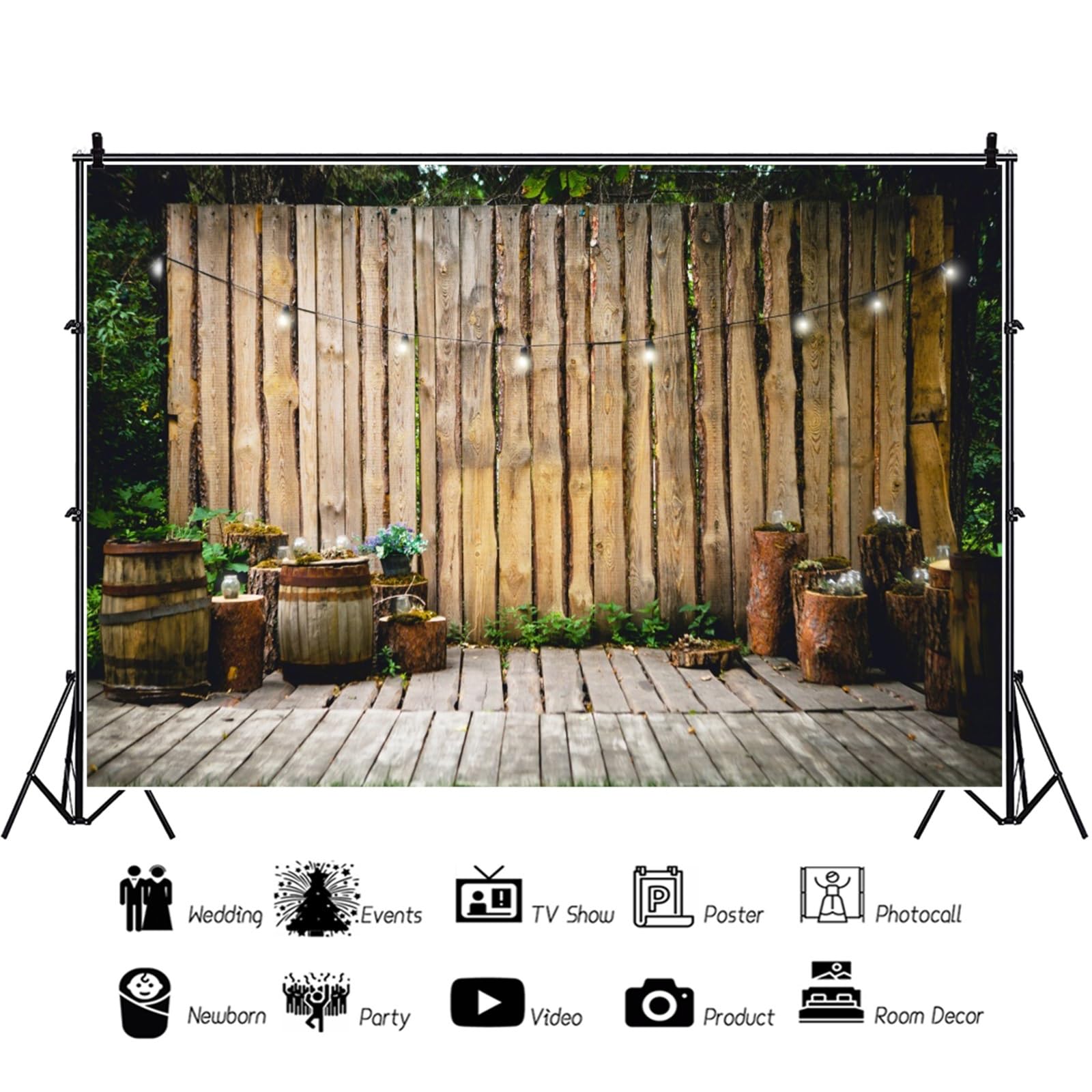 YongFoto 2,2x1,5m Polyester Toile de Fond Mur de Bois rayé Parquet Barils Tas de Bois Fond de Studio de Mariage Photo Décors de fête photobooth Shooting Accessoires