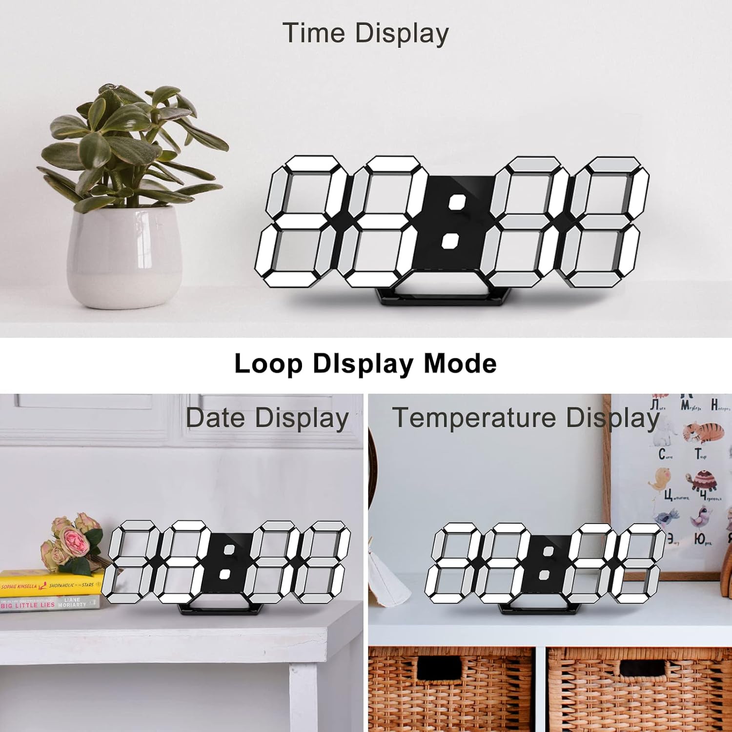 Images showing the clock displaying time, date, and temperature in a loop mode