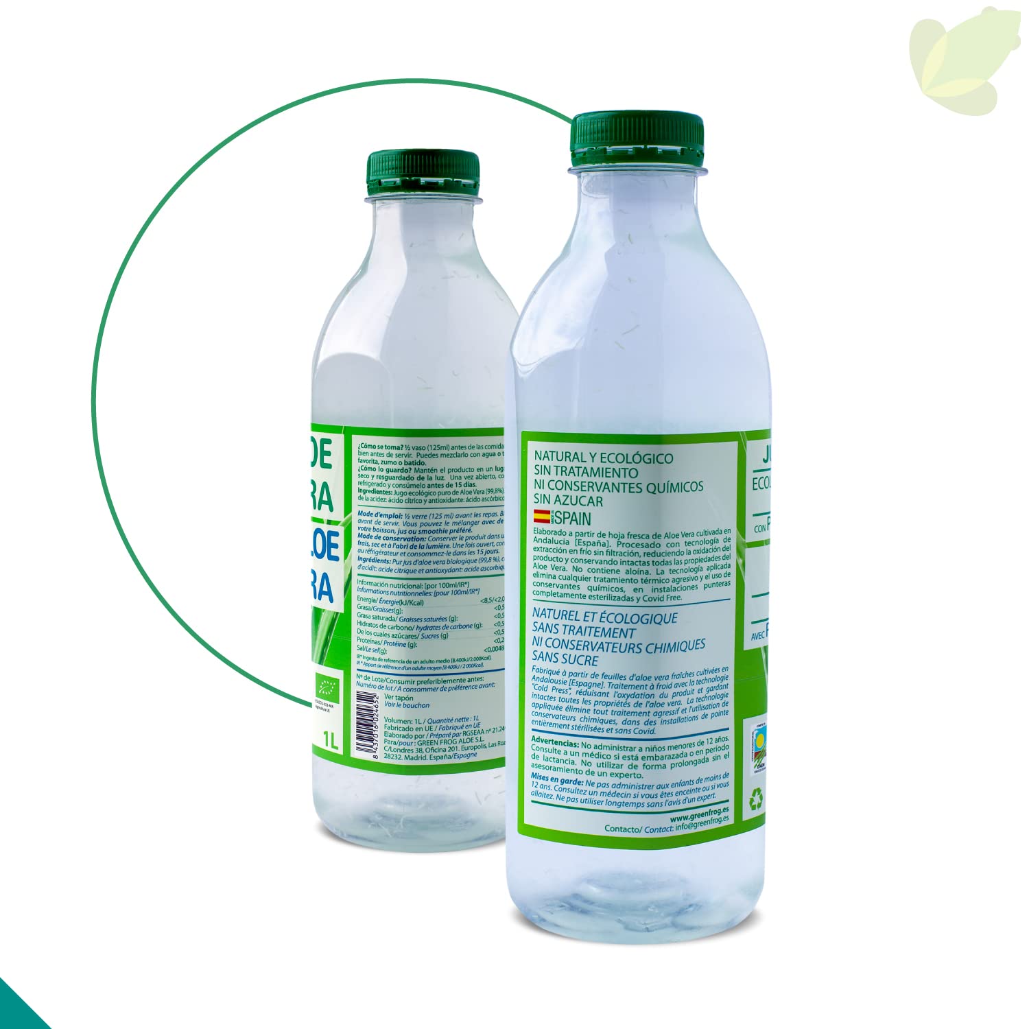 Green Frog - Bebida de Aloe Vera Puro con Pulpa (99,8%) - 1 Litro - Certificado Bio Europeo - 100% Ecológico - Libre de Aloínas y Azúcares - Rico en Vitaminas y Aminoácidos