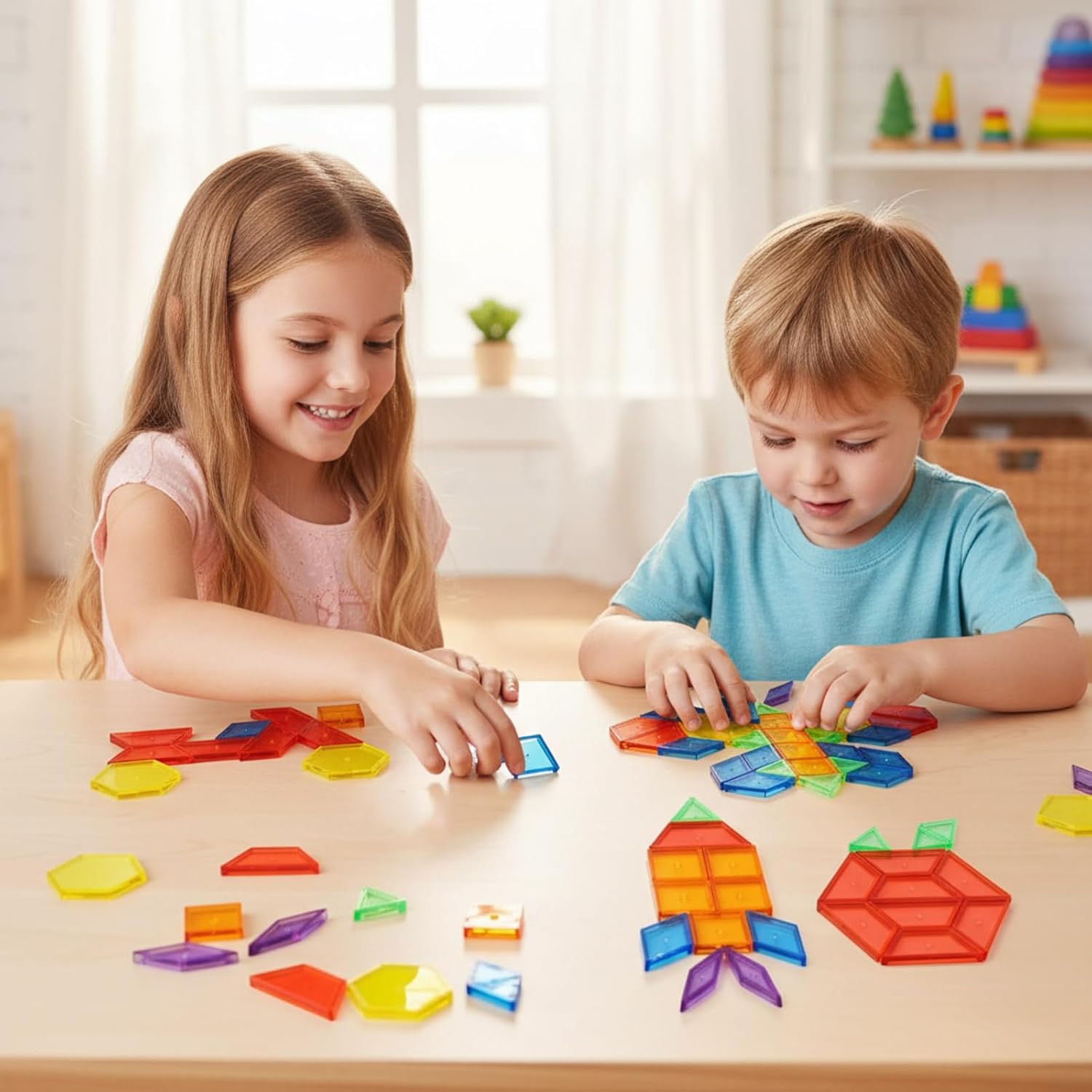 Faccito 200 Pcs Geometric Set Light Table Manipulatives Include 140 Translucent Pattern Blocks 60 3D Shape Geometric Solids with Dice for Educational Teaching Light Table Accessories