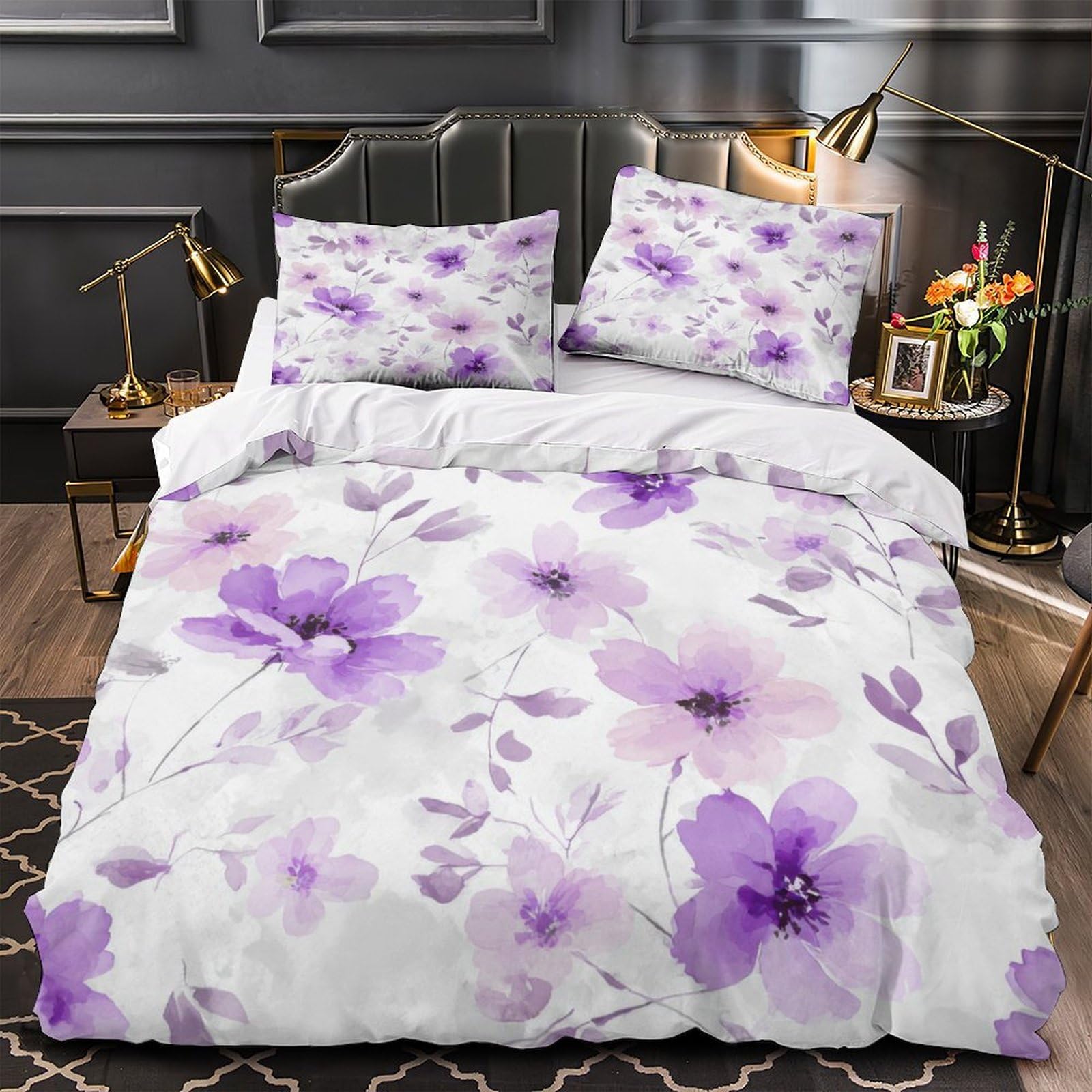 Parure de lit fleurs violettes résistante sans repassage fermeture éclair