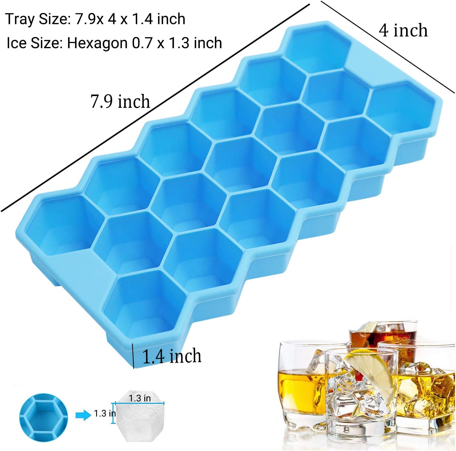 Upgrade Ice Cube Trays, 2 Pack Silicone Flexible Ice Cube Trays with Lid, 34 Big Cubes Ice Trays for Chilled Drinks, Whiskey & Cocktails, Stackable Flexible Safe Ice Cube Trays (Blue)