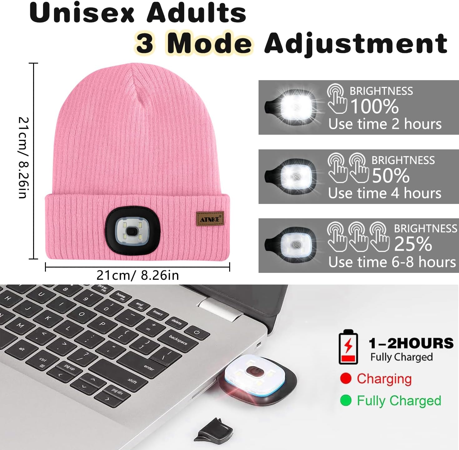 ATNKE LED Lighted Beanie Hat and Scarf Suit,USB Rechargeable 4 LED Run Headlamp Lined Fleece Cap Light for Men and Women