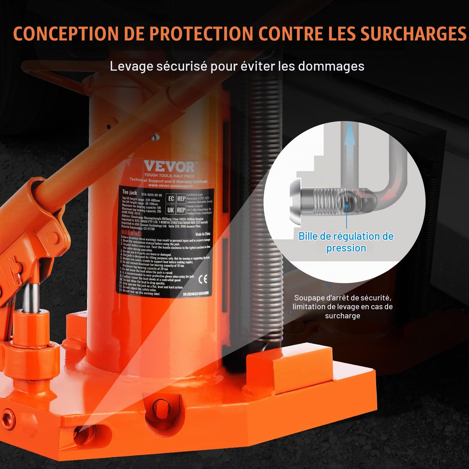 VEVOR Cric à Patte 10 T à la Patte, Cric Hydraulique pour Machines Capacité de Levage 20 T en Haut, Hauteur de la Patte 30-190 mm, Hauteur du Dessus 320-480 mm, pour Levage des Machines, Industrie