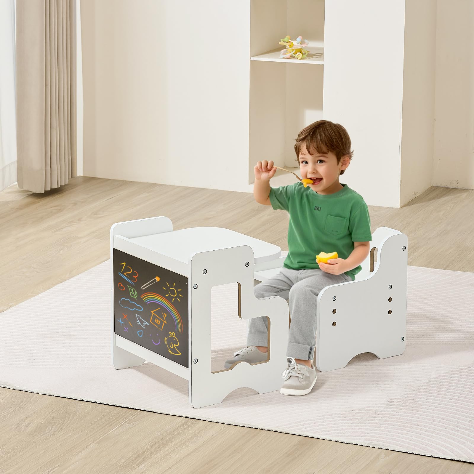 VEVOR Ensemble Table et Chaises pour Diversification Alimentaire Enfants, Mobilier pour DME en Bois avec Tableau Noir, Table de Sevrage Hauteur Réglable, pour Dessiner Lire Manger, Tout-Petits, Blanc