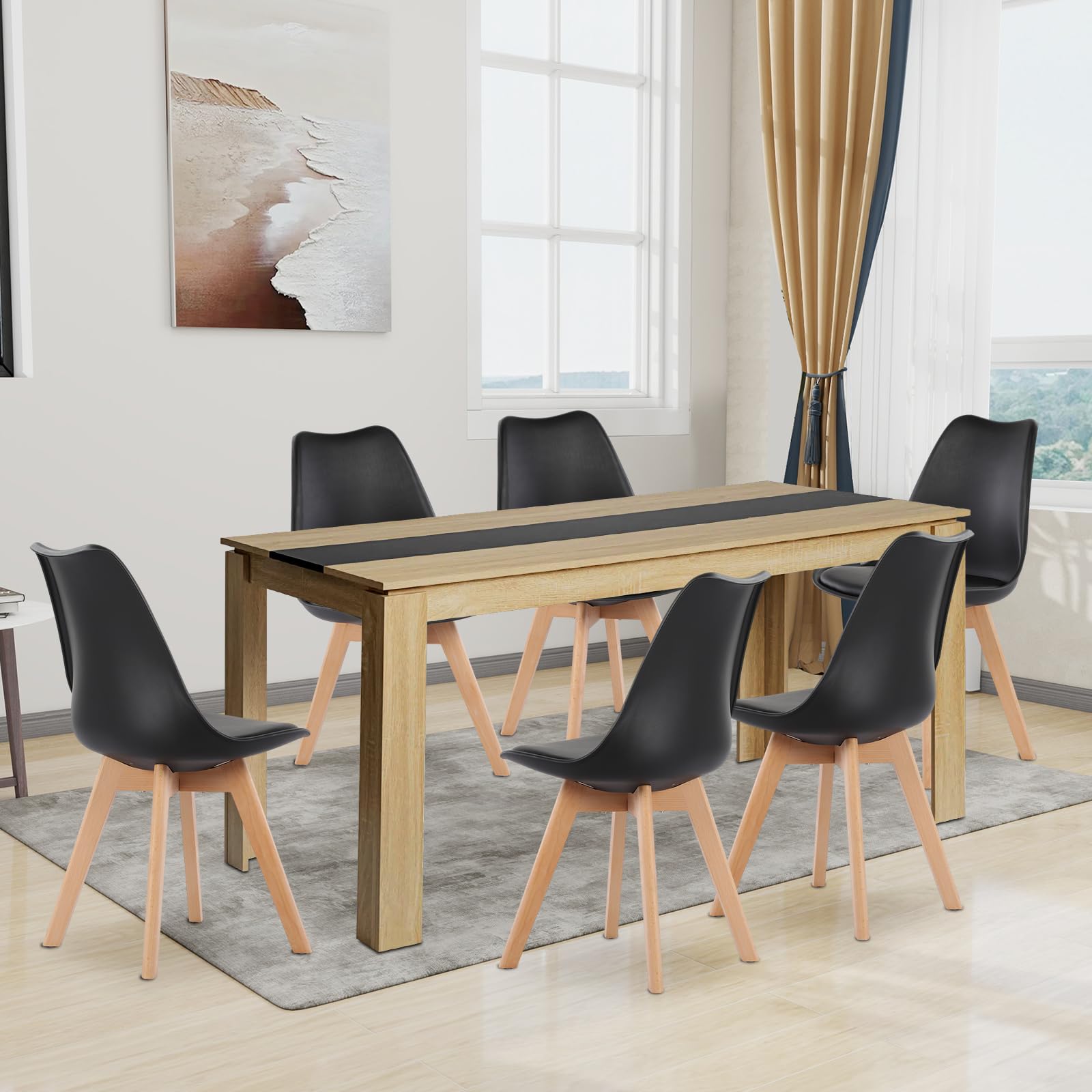 Ensemble de salle à manger rectangulaire en chêne - Table de 160 cm + 6 chaises noires ergonomiques