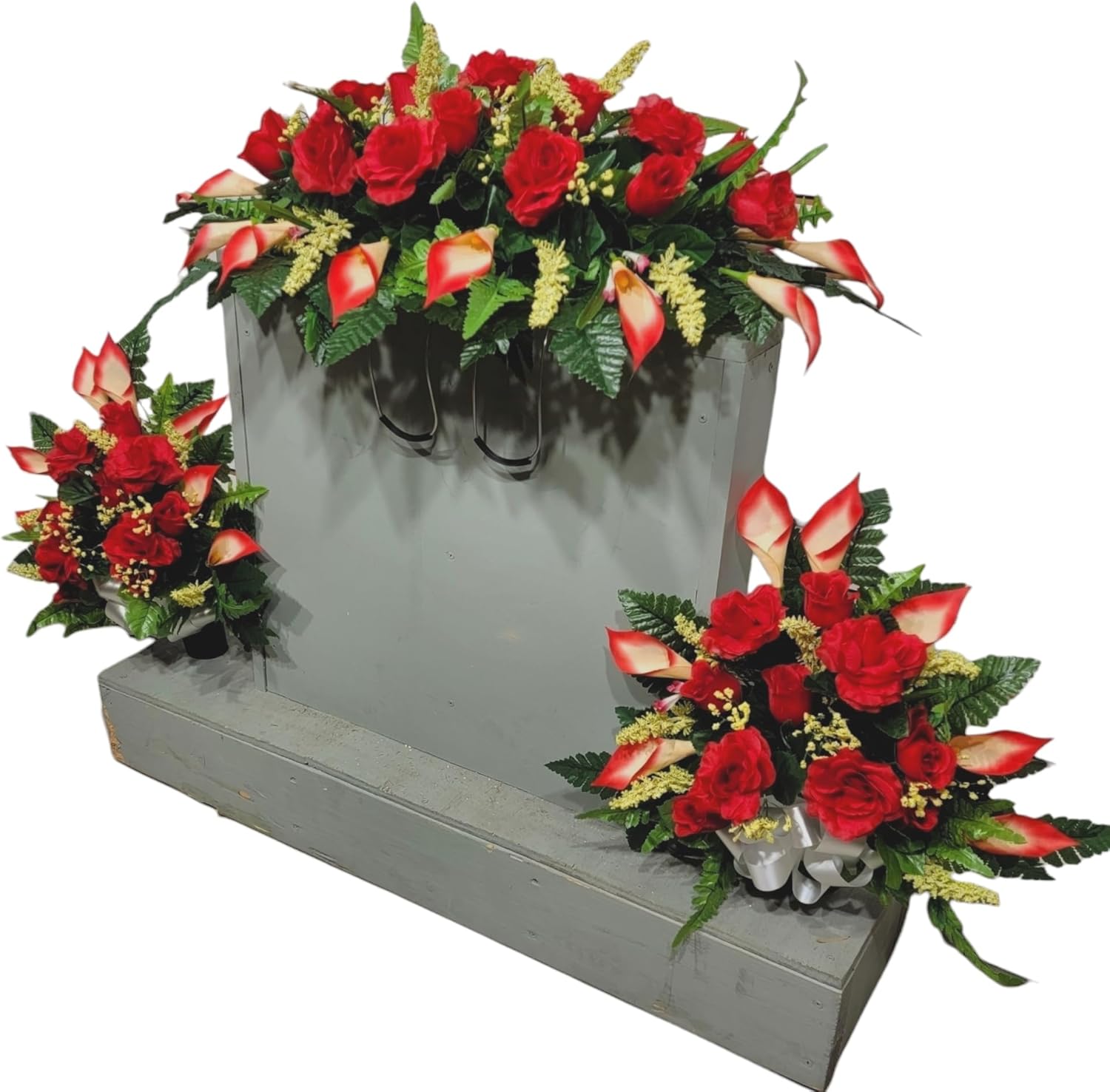 Realistic Artificial Cemetery Flowers - Silk Faux Floral Red Rose and Calla Lily - Bouquet Pair for Grave - Headstone Decoration - Memorial Flowers