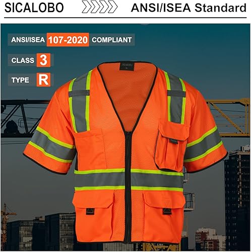 Miniatura 9 de Chaleco de malla de seguridad de alta visibilidad para hombre con 10 bolsillos, chaleco reflectante Hi Vis, clase 3, ropa de trabajo con cremallera