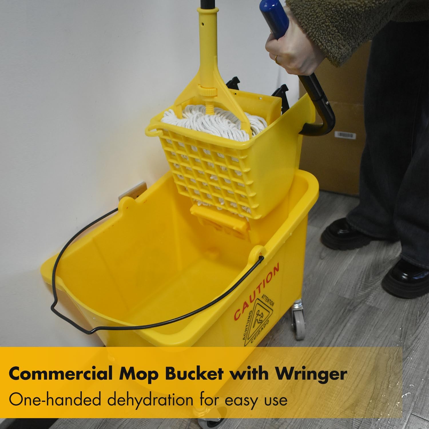 KULED Commercial Mop Bucket with Side Press Wringer, Including Wet Floor Caution Sign and One Industrial Mop with 2 Mop Heads, for Floor Cleaning and Mopping, 38 Quart, Yellow