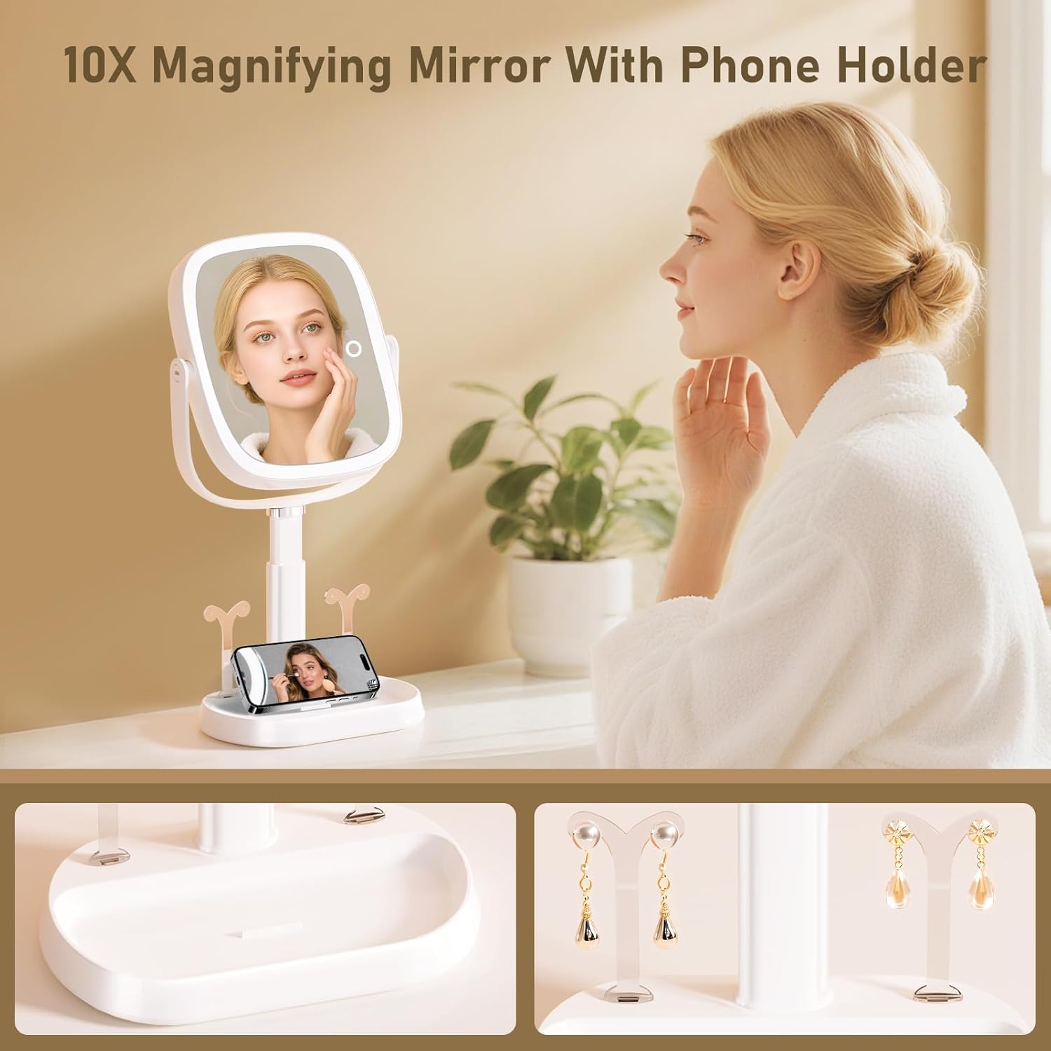 Vanity Mirror with Lights, Rectangular Lighted Makeup Mirror with 3 Color Lights, 1X/10X Magnification, Adjustable Height, 360° Rotation, 4000mAh Rechargeable for Desk, Gifts for Women