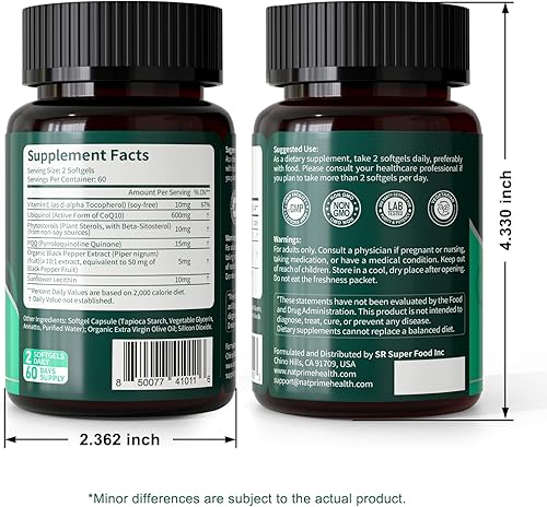 Miniatura 9 de Natprime Cápsulas blandas CoQ10 de 600 mg - Suplemento de coenzima Q10 de alta absorción de ubiquinol - Antioxidantes, vasculares, salud cardíaca,