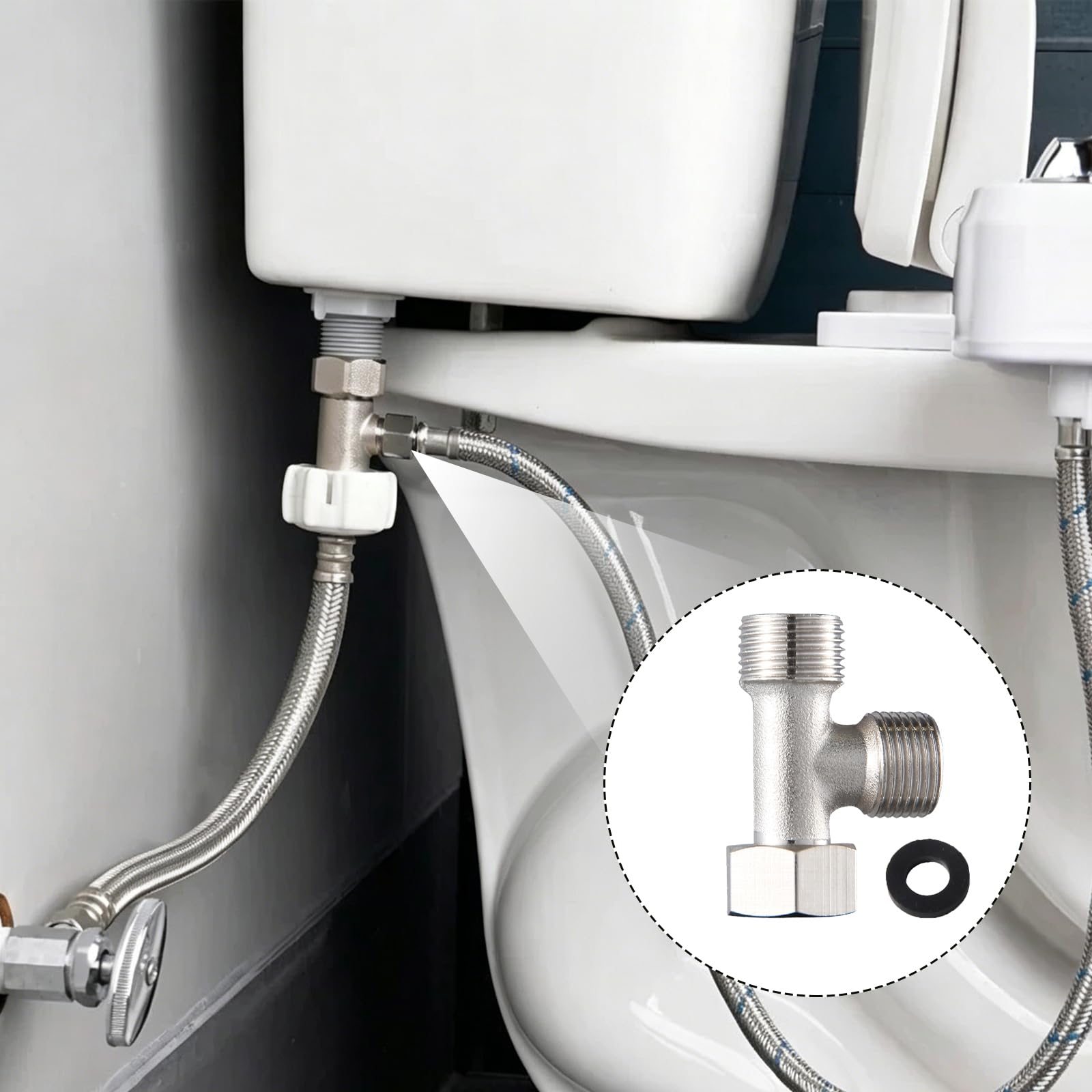 2PCS Valves Raccordement à 3 Voies en Cuivre WC 3/8", T-Raccord d’Eau avec Accessoires, Installation Facile Pour Réservoirs WC, Robinets de Douche, et Conduites d’Eau