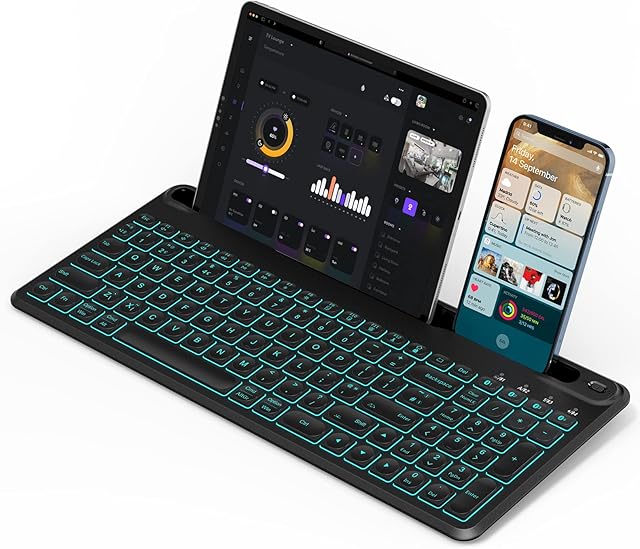 ASHU Illuminated Bluetooth Keyboard, Wireless Backlight Keyboard UK QWERTY Layout with Built-in Holder, Connecting 4 Devices for PC/Laptop/Tablet/Mobile Phone, Windows/Android/iOS/Mac OS, Black