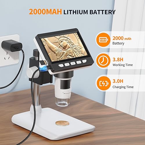 Miniatura 6 de Microscopio digital, pantalla IPS de 4.3 pulgadas, microscopio de monedas con zoom de aumento 1-1000X con 8 luces LED ajustables, grabadora de video