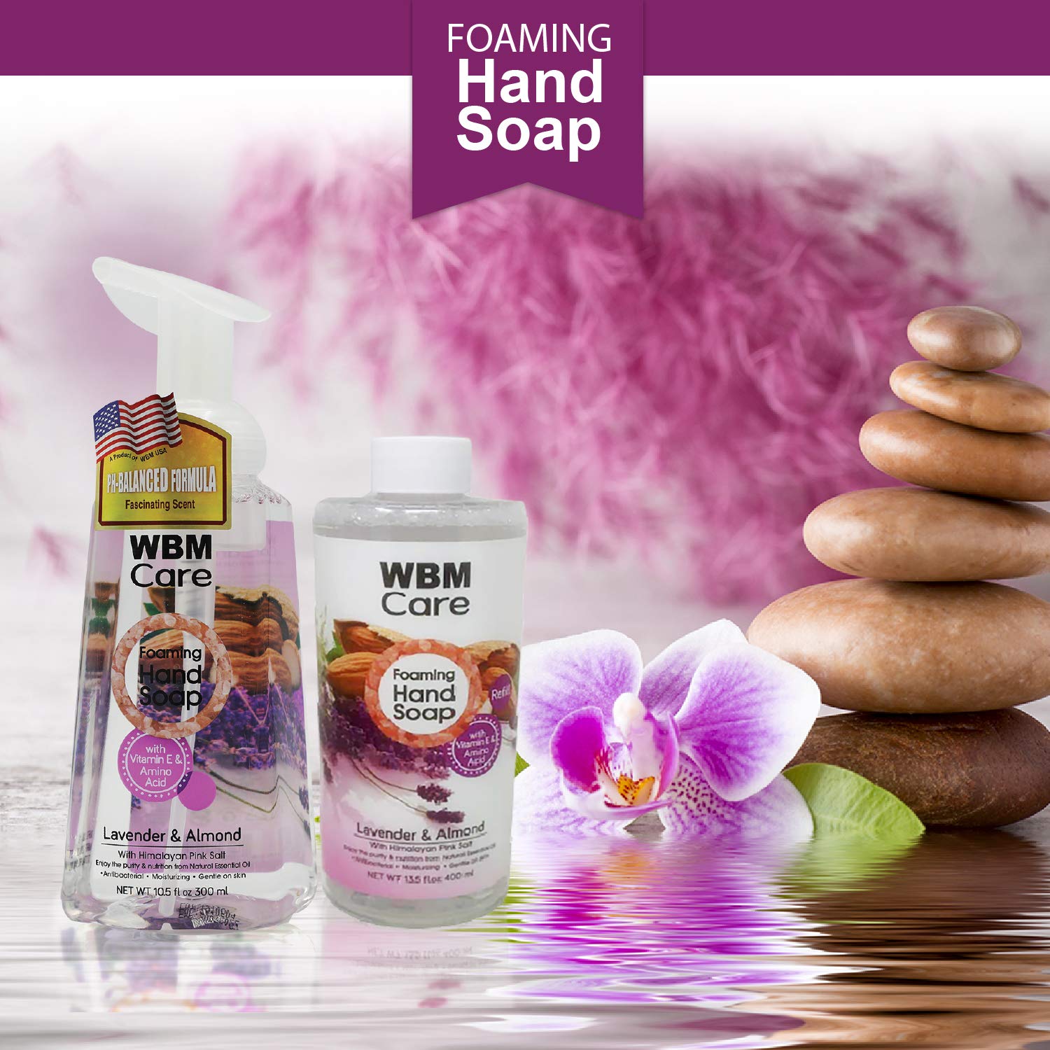 WBM Care Antibacterial Foaming Hand Soap Refill, Made with Lavender and Almond Extracts, Vitamin & Amino Acid Liquid Hand Wash - 13.5 Fl Oz (Pack of 3)