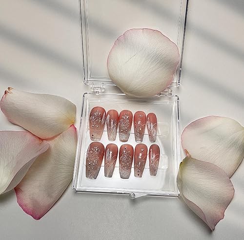 Miniatura 3 de 10 Pcs Press on Fake Nails Full Cover Nail Tips Stick on Nails for Women and Girls Ballerina Shape Nail ArtLight Pink with Pearls Medium