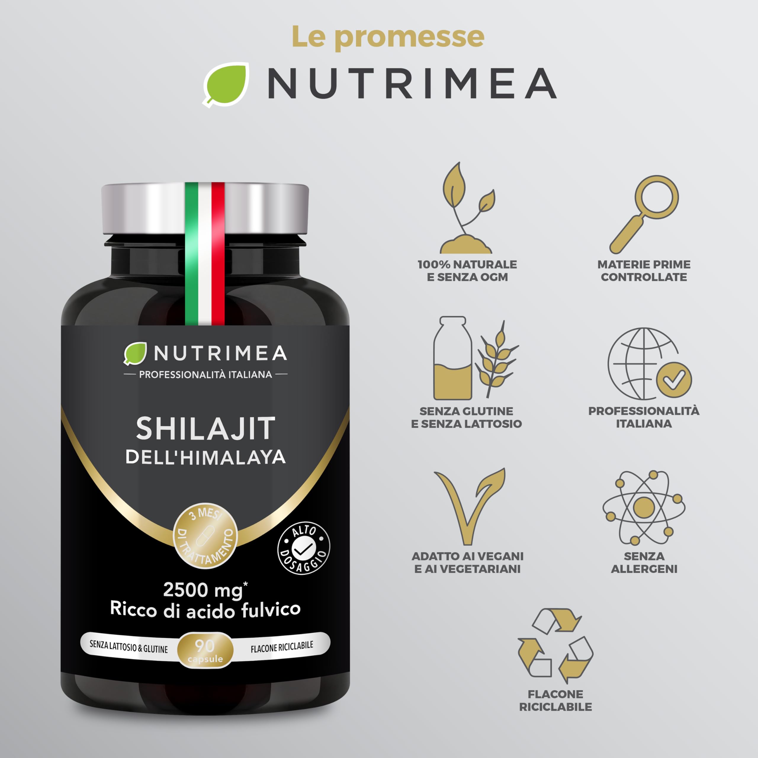 Shilajit Puro | 2150 mg per Capsula | Estratto 5:1 Standardizzato al 50% in Acido Fulvico | 100% Puro | 90 capsule | Nutrimea