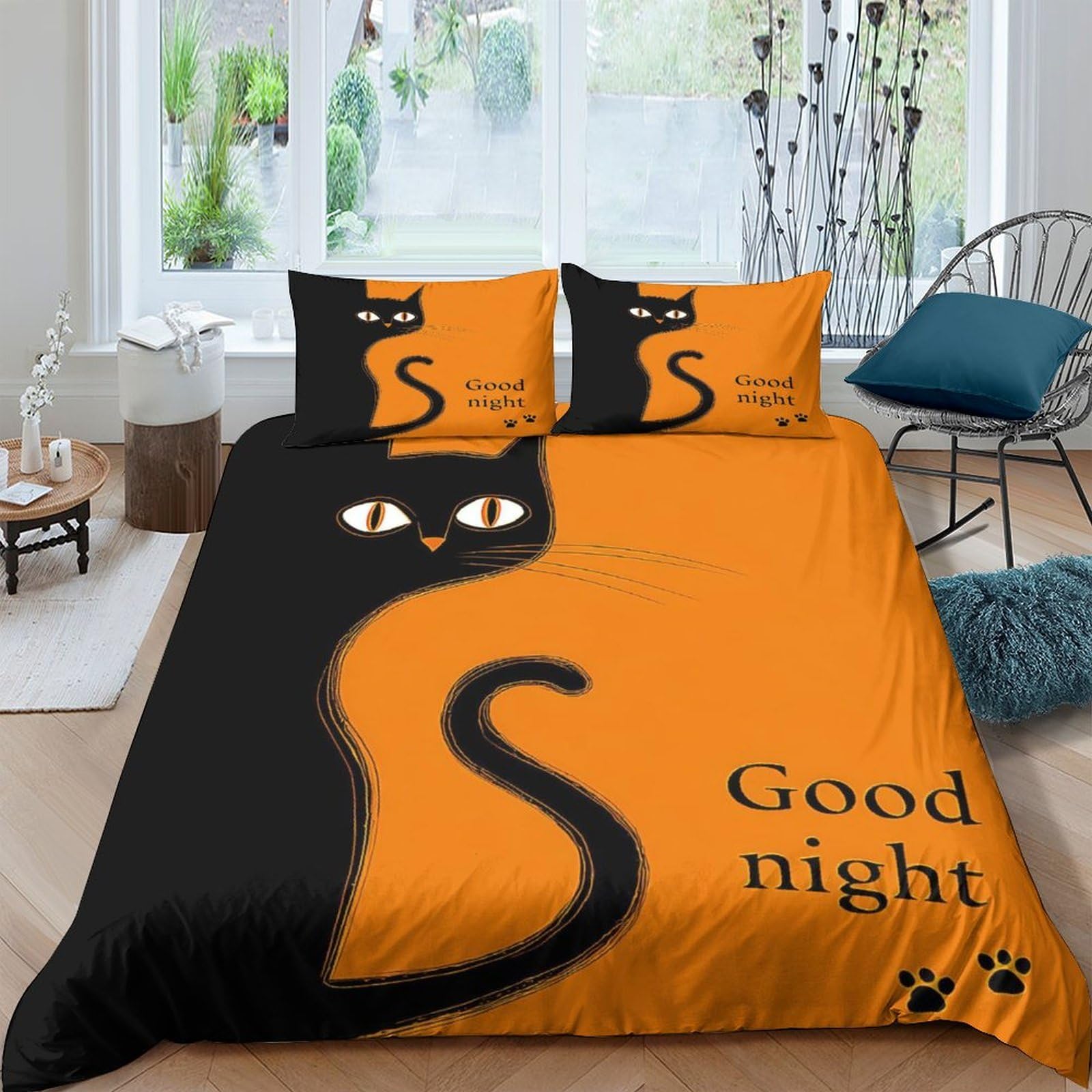 Ctjqhvkz Style-8 3D Printed Black Cat Fitted Sheet Microfiber Orange Cartoon Animal Bed Cover Bedroom Dorm Decor Machine Washable Single（135X200cm）