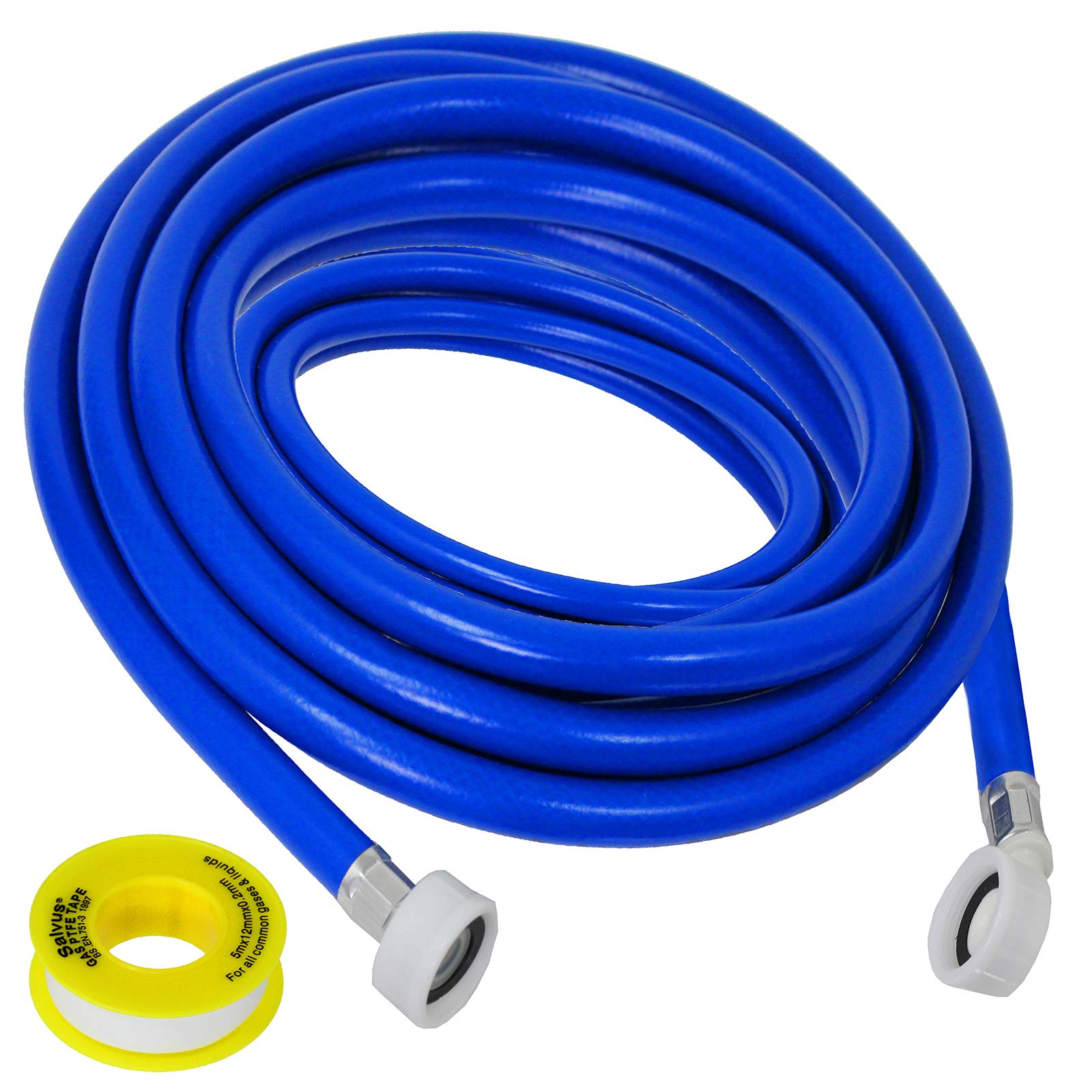 Spares2go Blue Universal Fill Hose Washing Machine Dishwasher Inlet Pipe + Ptfe Tape (5M)
