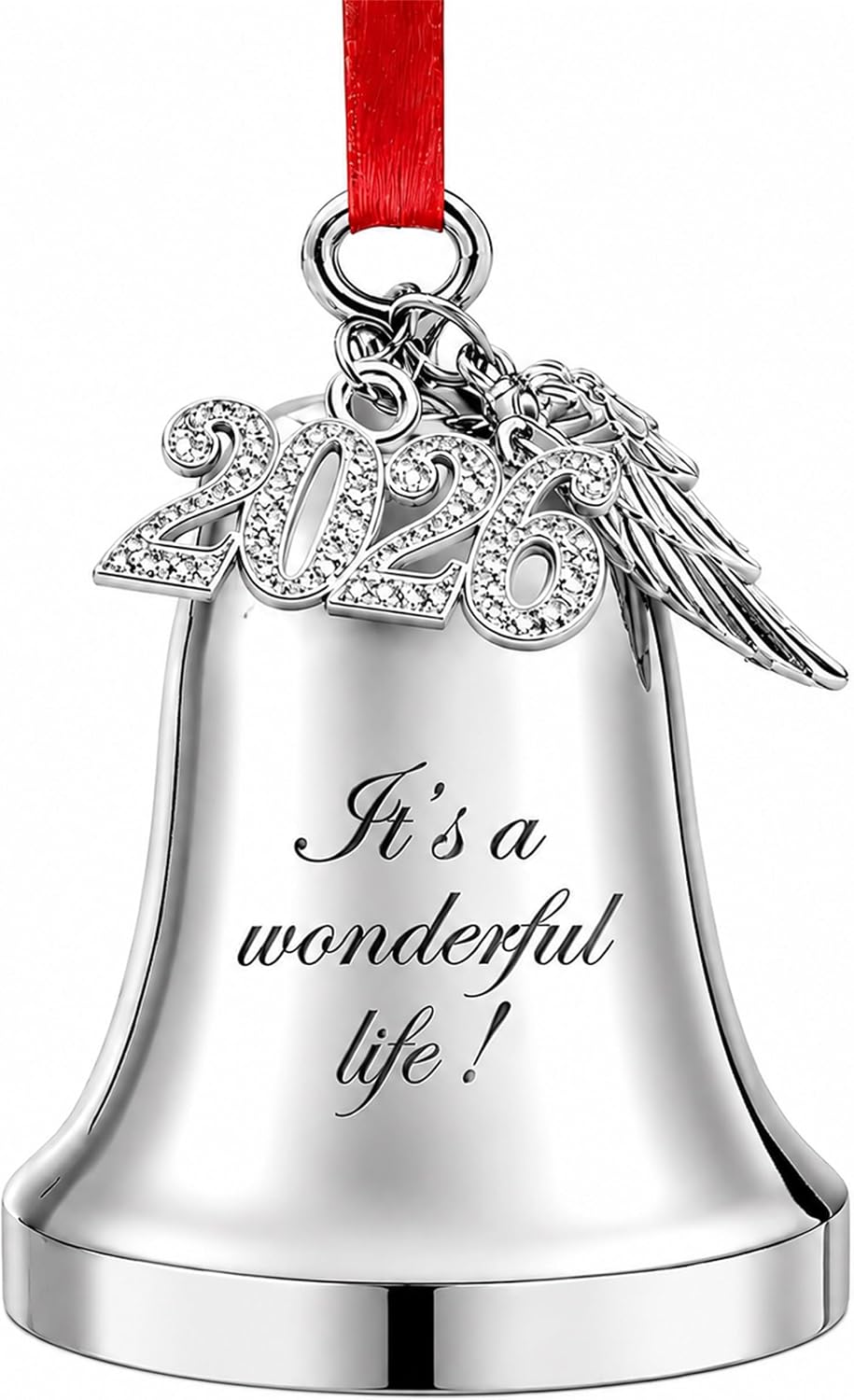 WANSHUNLMI It's a Wonderful Life Christmas Bell Ornament, Silver Metal, 2.9 x 2.4 inch, Real Bell with 2026 and Wing Charm Accent (It's a Wonderful Life)
