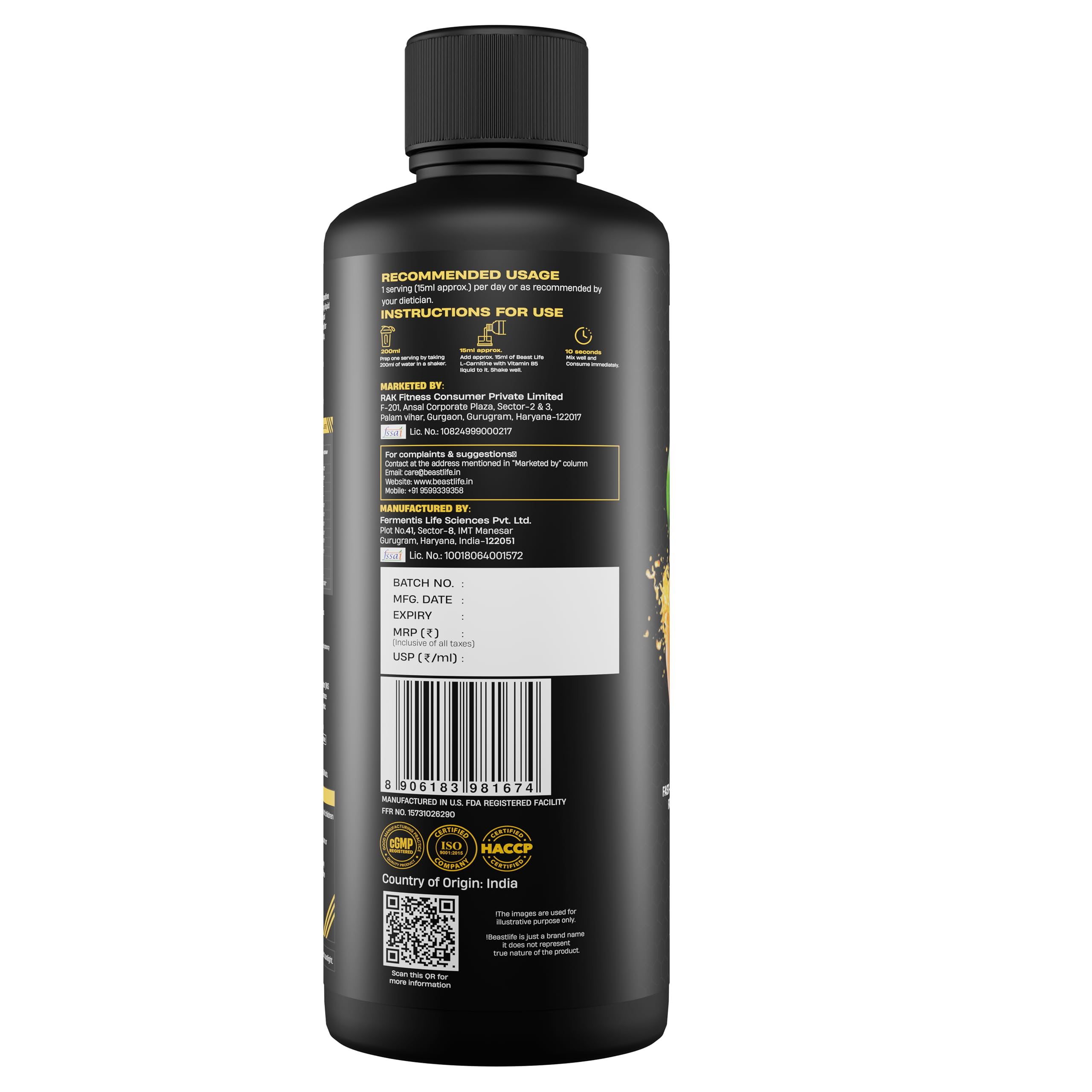 BeastLife L-Carnitine Liquid | 1100mg (Mango Flavor, 450 ml, 30 Servings)  Converts Fat to Energy | Supports Weight Loss & Fat Burn | With Vitamin B5 