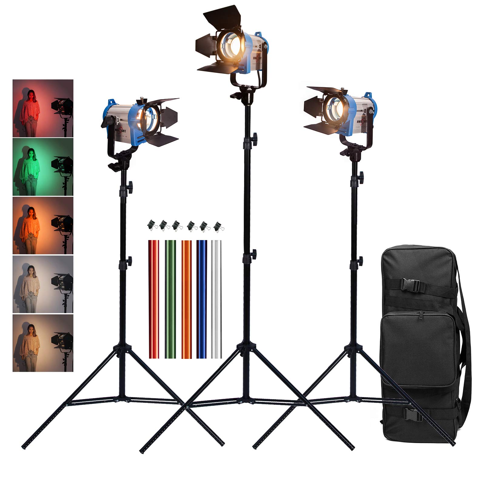 3x150W Película Fresnel de Tungsteno Iluminación Continua Mandarina Kit con Bombilla Halógena, Filtro de Gelatina, Abrazaderas, Soporte de luz y Bolsa de Trípode para Foto Estudio Vídeo