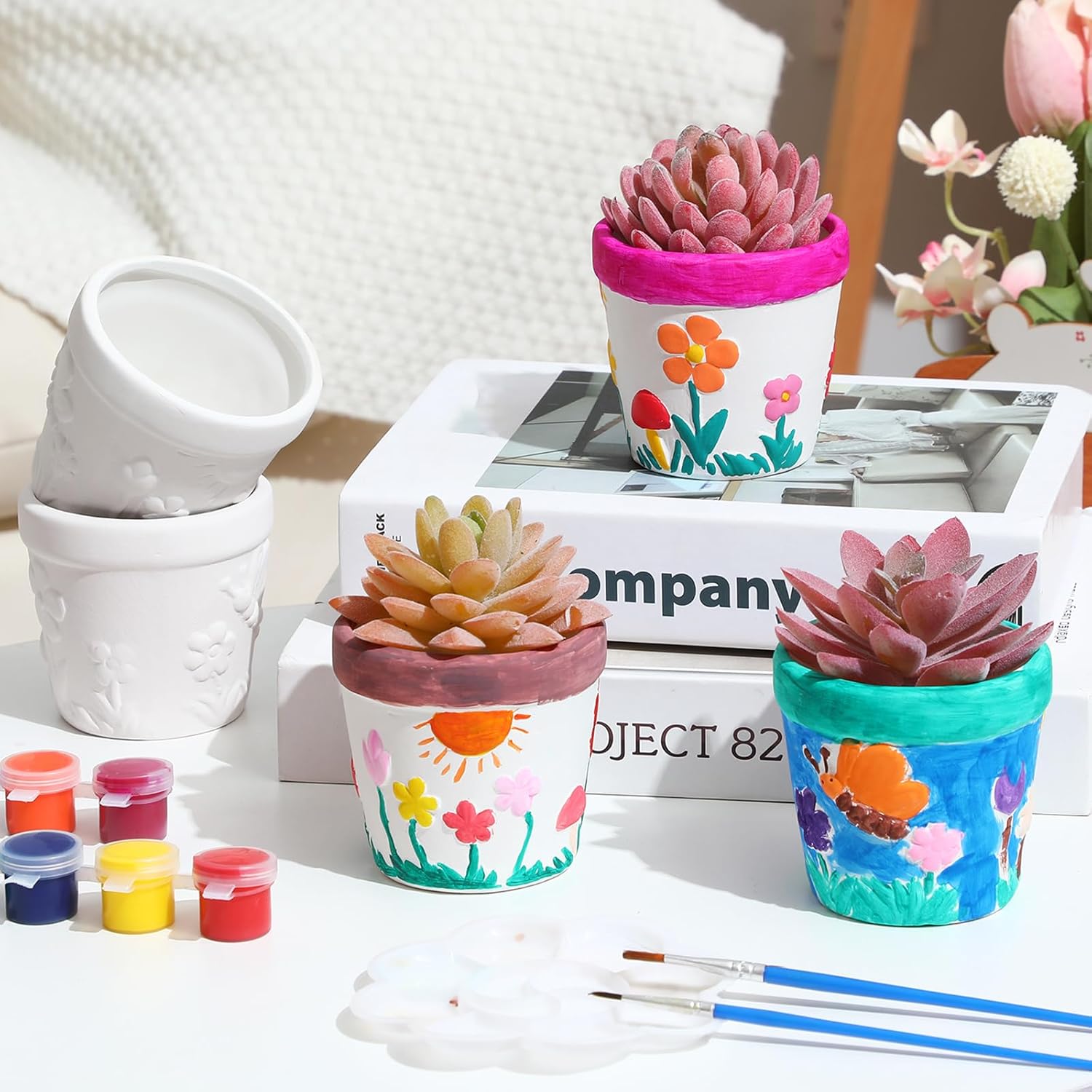 Pasimy 6 Set Ceramics to Paint DIY Ceramic Succulent Planter Pots Paint Your Own Flower Pots Craft Kit Unpainted Bisque Flowerpot with Brush Palette for Family Activity Holiday Gifts(Classic)