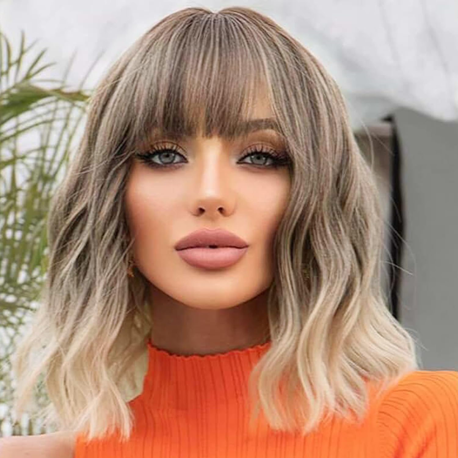 Amazon.com : ATAYEA Brown Wig with Bangs Short Wavy Wigs for 