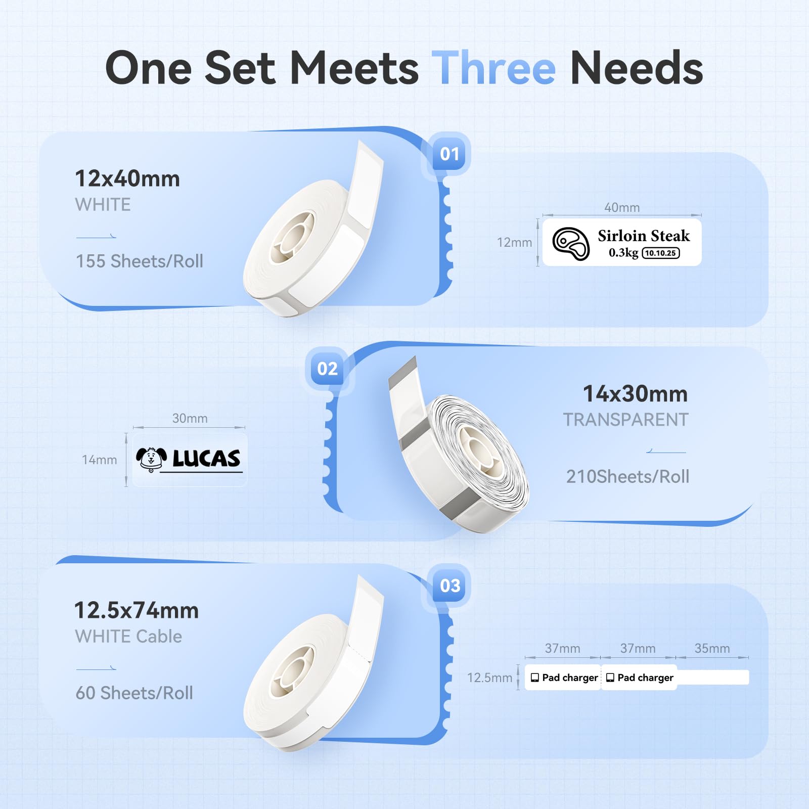 NIIMBOT 3 rotoli di etichette per stampante D110 D11 D101, bianco, 12 x 40 mm, trasparente 14 x 30 mm, cavo bianco 12,5 x 74 mm