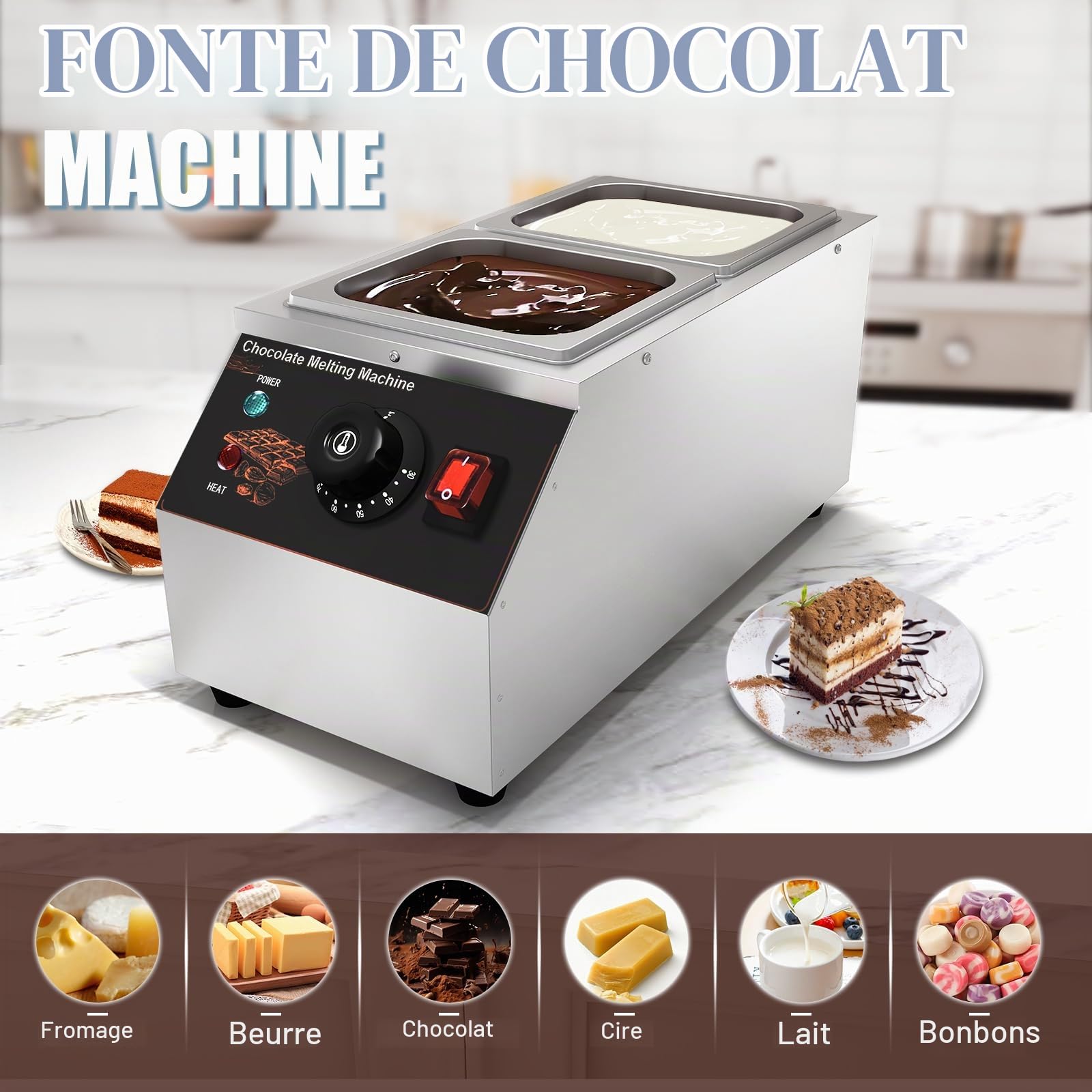 Tempéreuse Chocolat,Commercial 2x1.55L Pans Chauffage de Chocolat