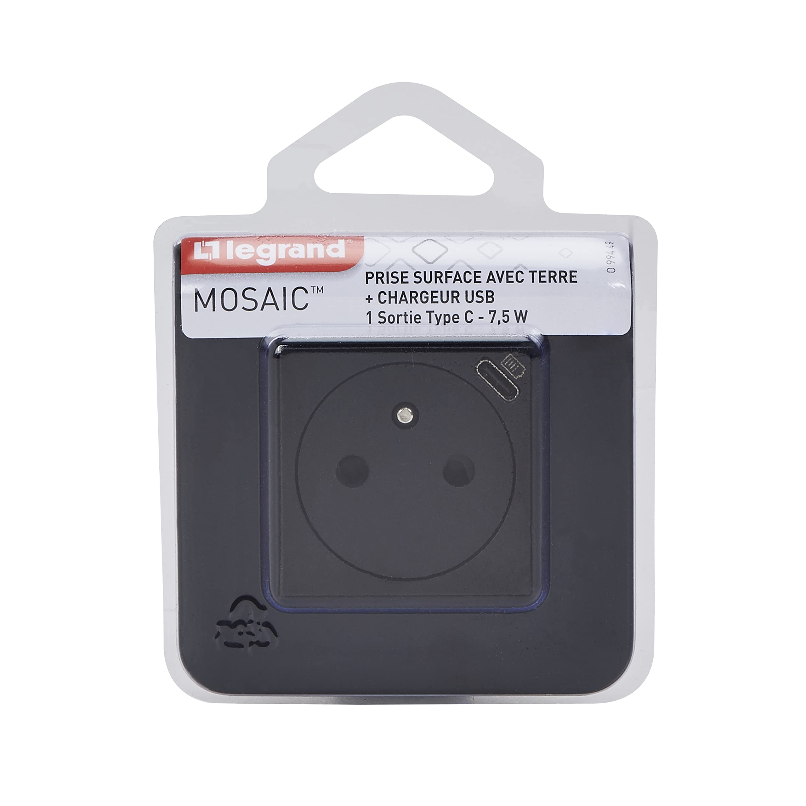 LEGRAND - Prise Electrique Murale Précâblée + Chargeur USB-C Mosaic Surface avec Plaque de Finition + Support Batibox - Prise Affleurante avec Fond Rétractable - Noir Mat