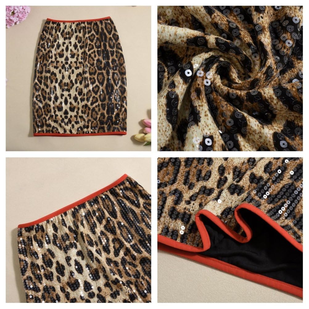 Jupe Moulante à Paillettes et Imprimé LéOpard Pour Femme Jupe Crayon Mi-Longue Extensible à Taille Haute Pour Soirée Rave Scintillante