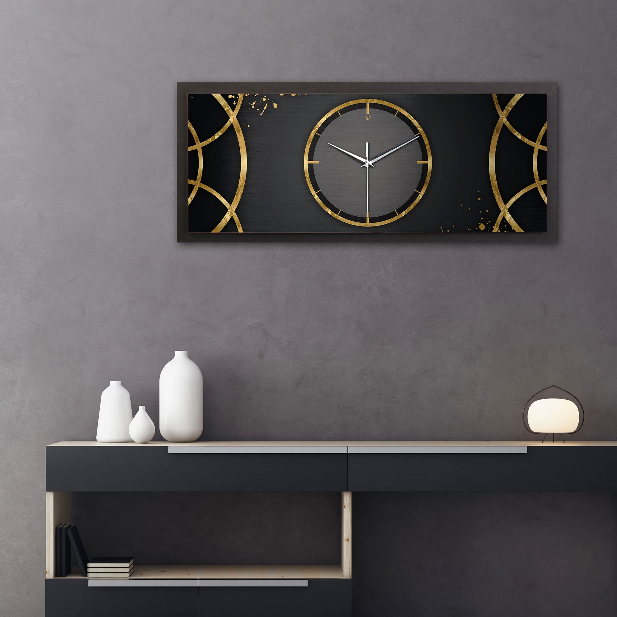 Kreative Feder 3D Designer-Wanduhr Ring in modernem Metallic-Look 70x30cm rechteckig quer analog lautlos ohne Ticken (Ring, leises Funkuhrwerk)