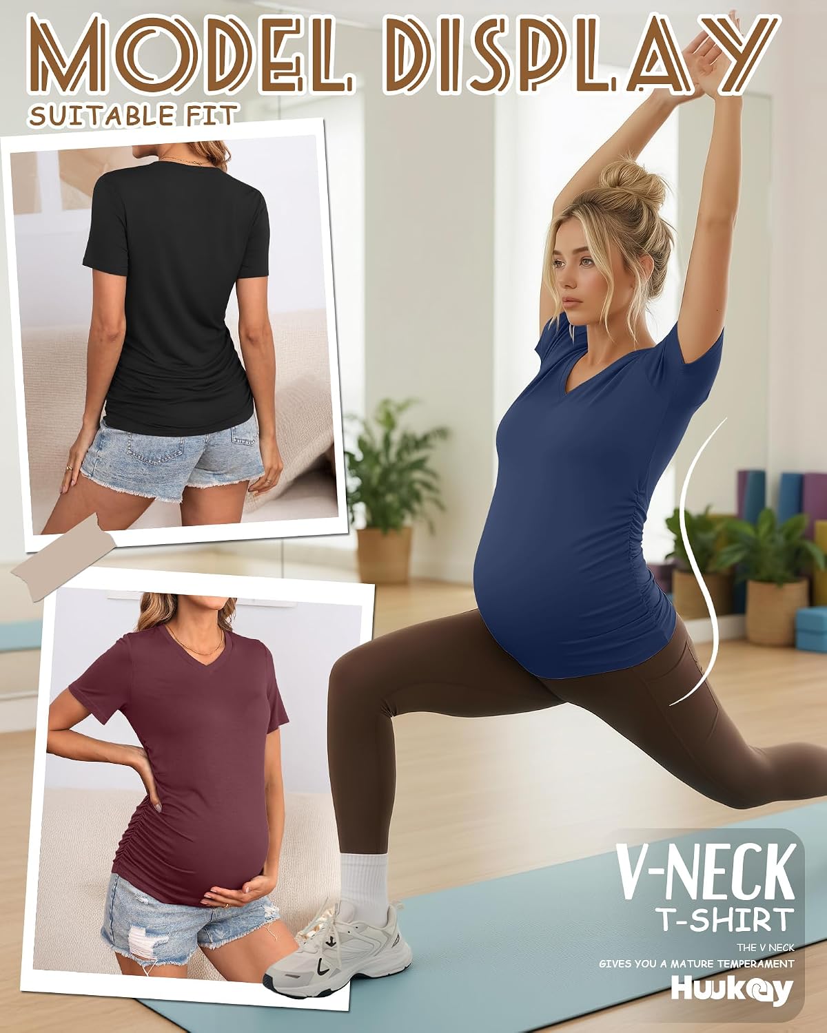 Huukeay 4 Pack Women's Maternity Shirts, V Neck Maternity Top Short Sleeve Casual Tee Side Ruched Pregnancy Clothes